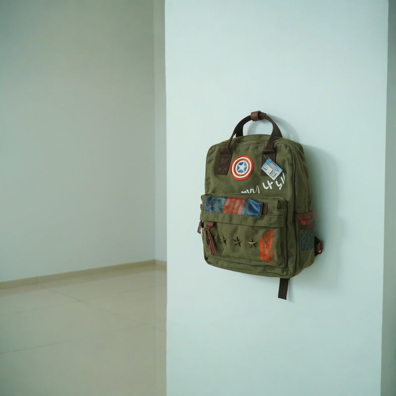 Marvel Captain America Vintage Military Army Zip-Top Canvas Backpack