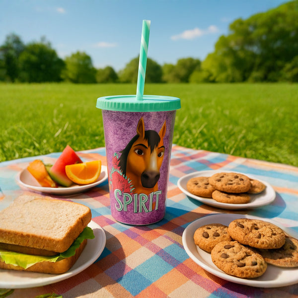 SPIRIT Riding Horse Tumbler Cup for Kids – 16 oz Glitter Reusable Plastic Cup