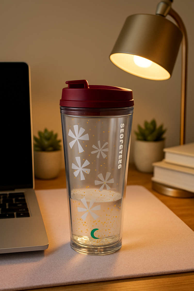 Clear white festive starbursts Glitter Tumbler – 16oz Secure &amp; Spill-Resistant Red Lid Travel Cup—BPA free Gift