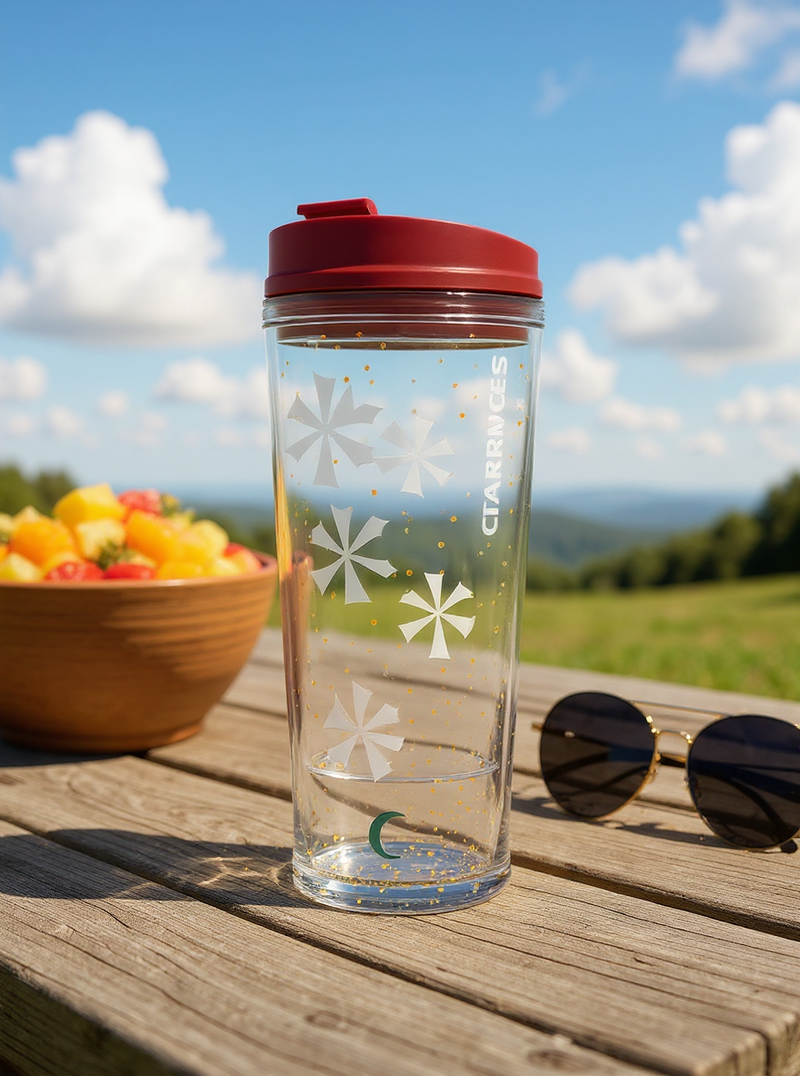 Clear white festive starbursts Glitter Tumbler – 16oz Secure &amp; Spill-Resistant Red Lid Travel Cup—BPA free Gift