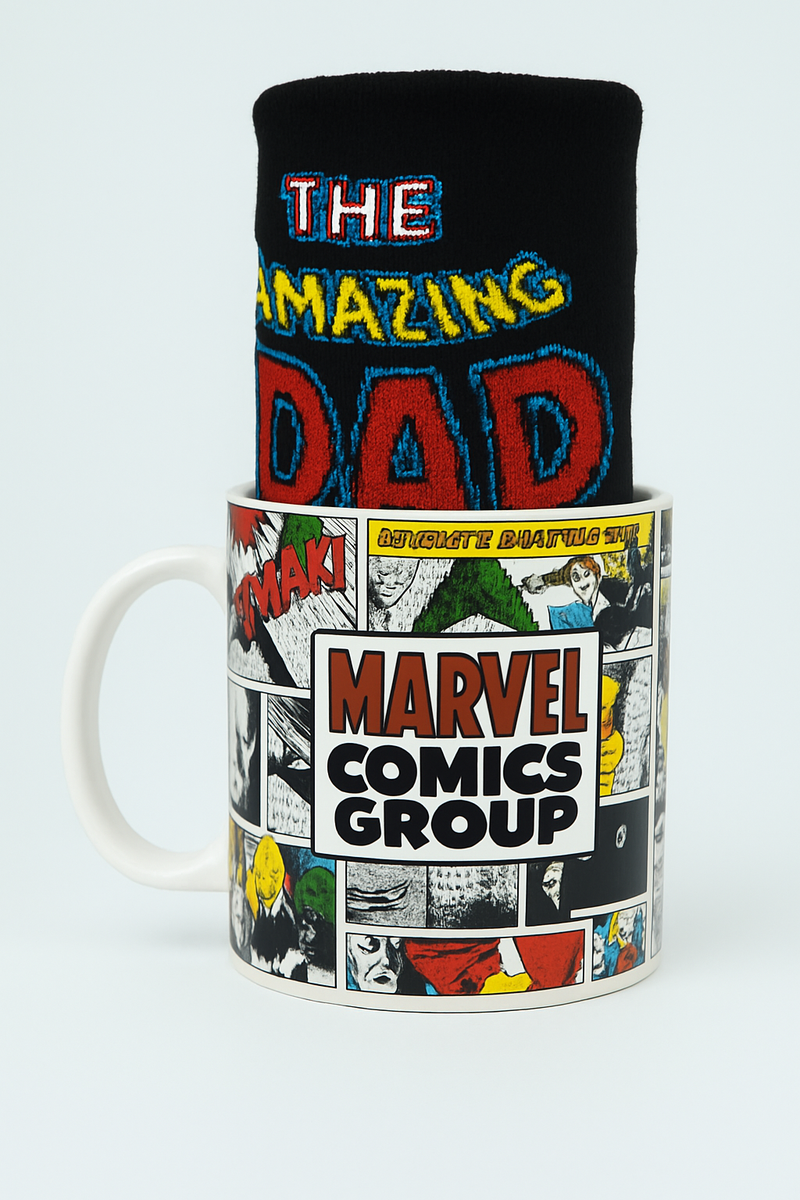 Marvel Comics Group Ceramic Mug &amp; Black Socks Set | Gift for Marvel Fans