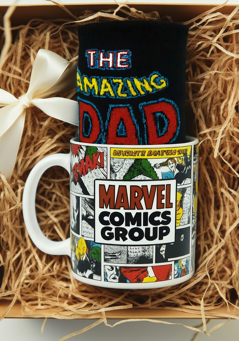 Marvel Comics Group Ceramic Mug &amp; Black Socks Set | Gift for Marvel Fans