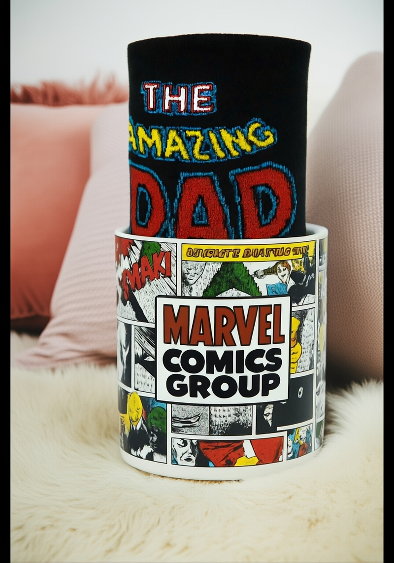 Marvel Comics Group Ceramic Mug &amp; Black Socks Set | Gift for Marvel Fans