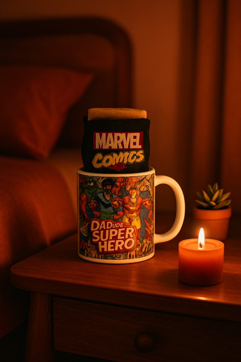 Marvel Comics Dad is My Superhero Ceramic Mug and Black Socks Gift Set