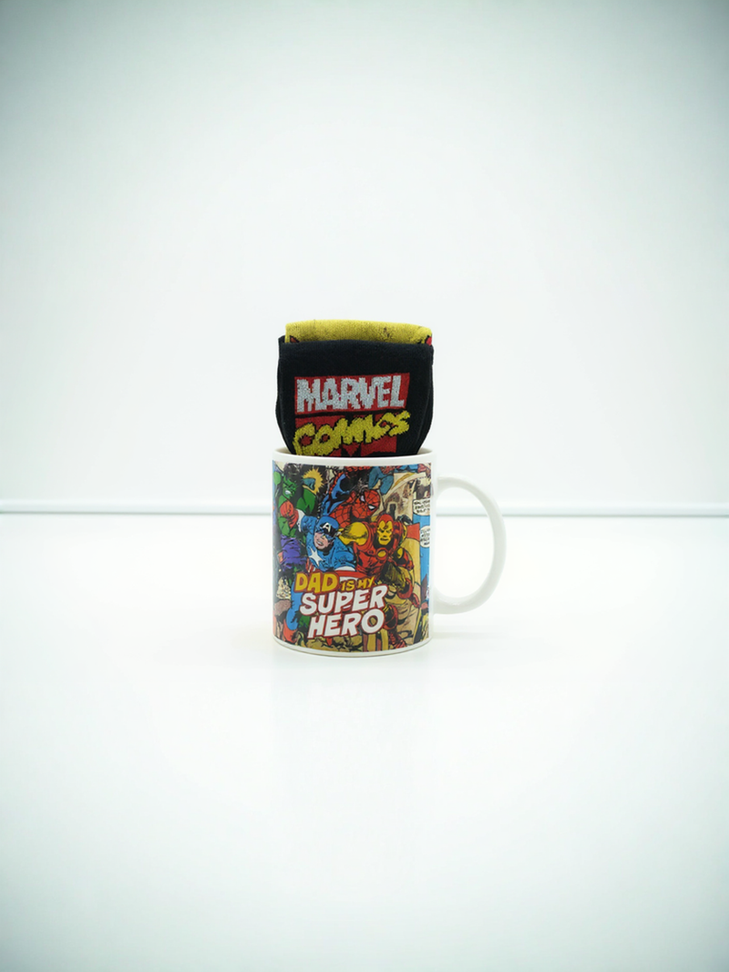 Marvel Comics Dad is My Superhero Ceramic Mug and Black Socks Gift Set