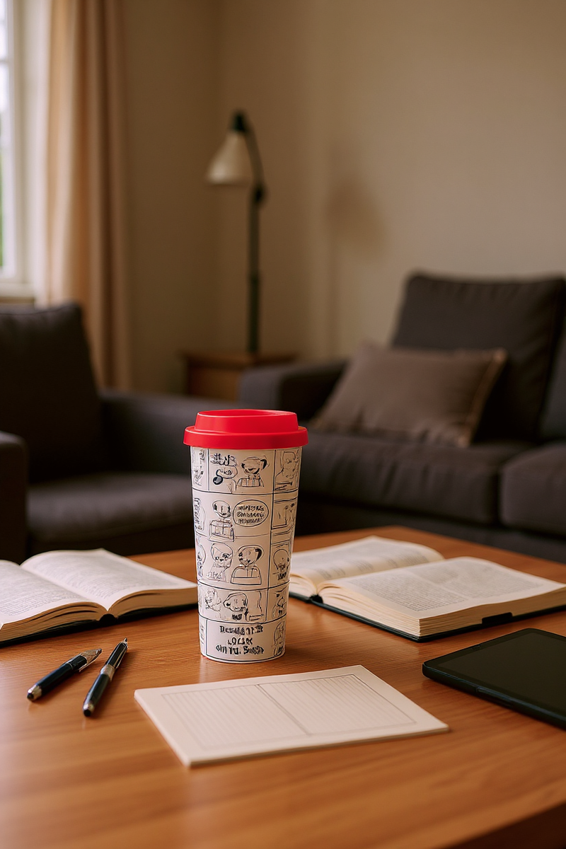 Snoopy Peanuts Comic Strip Reusable Coffee Cup with Red Lid