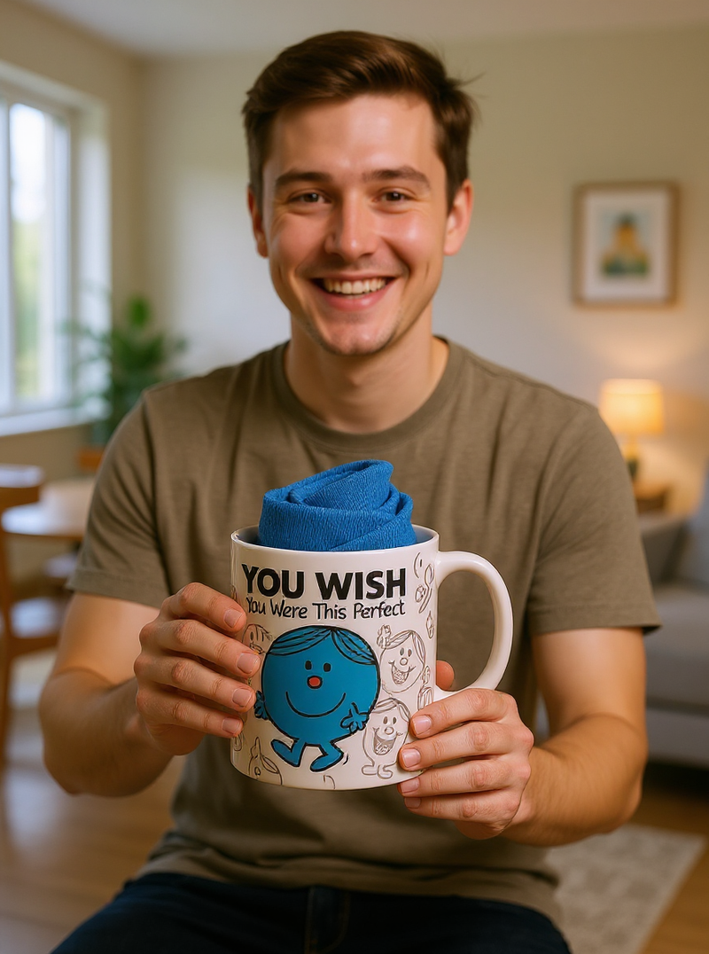 Little Miss 'You Wish You Wore This Perfect' White Ceramic Mug with Blue Socks | Gift for Style Lovers