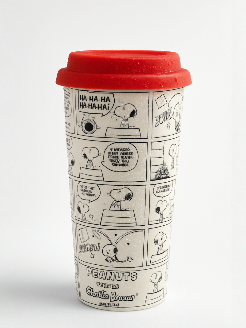 Snoopy Peanuts Comic Strip Reusable Coffee Cup with Red Lid