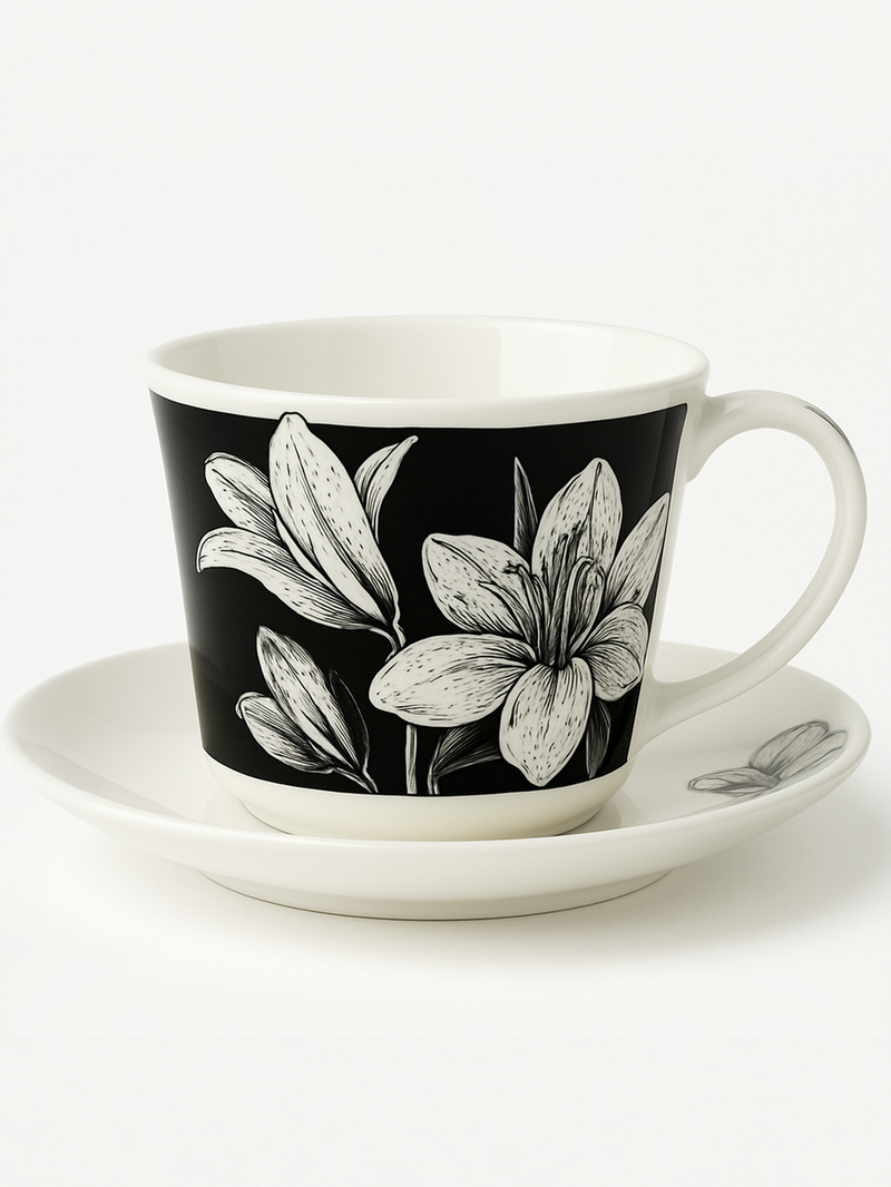 Black and White Lily Elegance Cup and Saucer Set