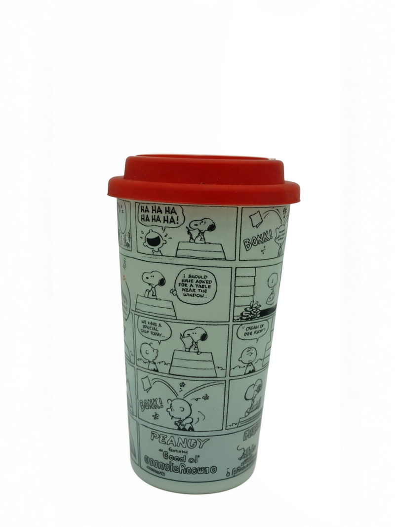 Snoopy Peanuts Comic Strip Reusable Coffee Cup with Red Lid
