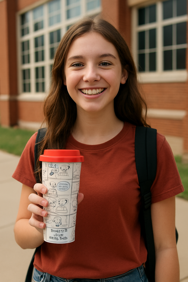 Snoopy Peanuts Comic Strip Reusable Coffee Cup with Red Lid