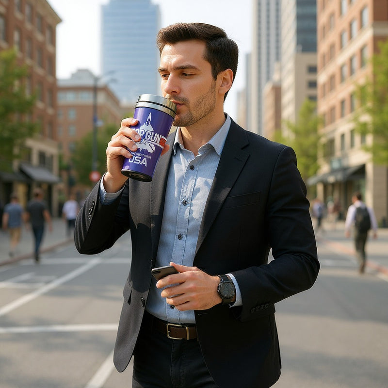 Top Gun Stainless Steel Tumbler– Fighter town USA Insulated Coffee Mug with Lid – Military Pilot Gift for Men of Aviation– Hot &amp; Cold Beverage Travel Cup