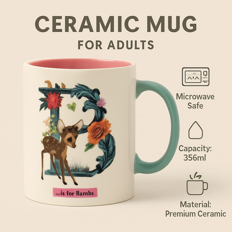 Disney Floral Bambi Deer Mug – Cute Ceramic Animal Cup Gift -Pink Interior with Blue Handle-11oz