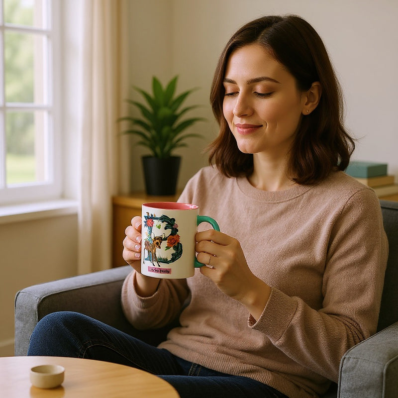 Disney Floral Bambi Deer Mug – Cute Ceramic Animal Cup Gift -Pink Interior with Blue Handle-11oz