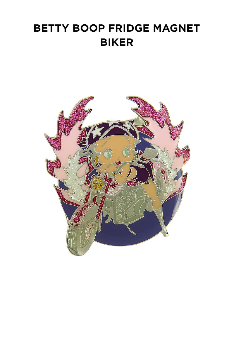 Betty Boop Fridge Magnet Biker Betty is posing while riding a pink bike. This fridge magnet sticks easily to the fridge or any other magnetic surface where magnets can stick to. Betty Boop Biker fridge magnet has a fine quality craftsmanship.Exclusively Available at Reliance Gifts www.reliancegifts.co.uk