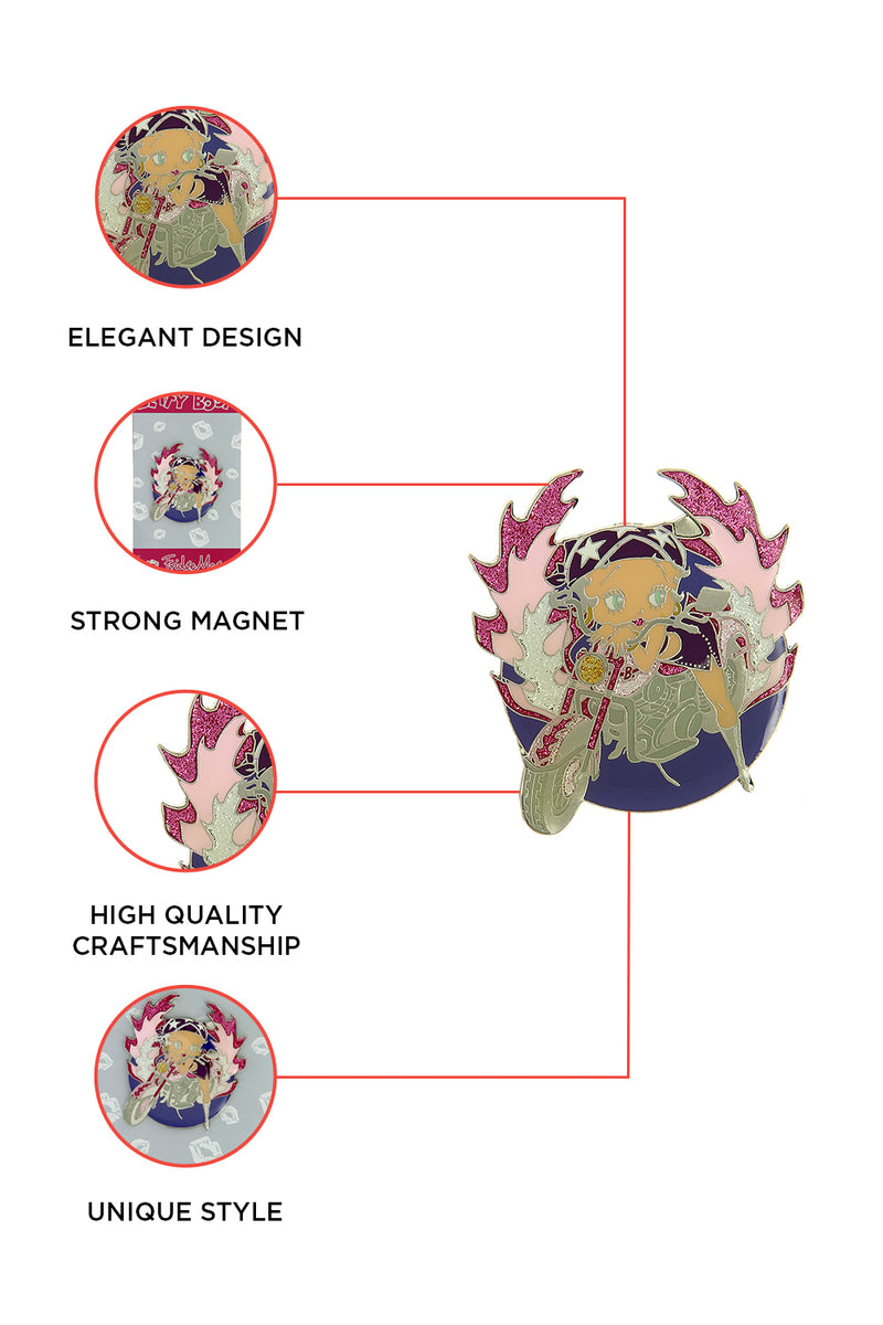 Betty Boop Fridge Magnet Biker Betty is posing while riding a pink bike. This fridge magnet sticks easily to the fridge or any other magnetic surface where magnets can stick to. Betty Boop Biker fridge magnet has a fine quality craftsmanship.Exclusively Available at Reliance Gifts www.reliancegifts.co.uk