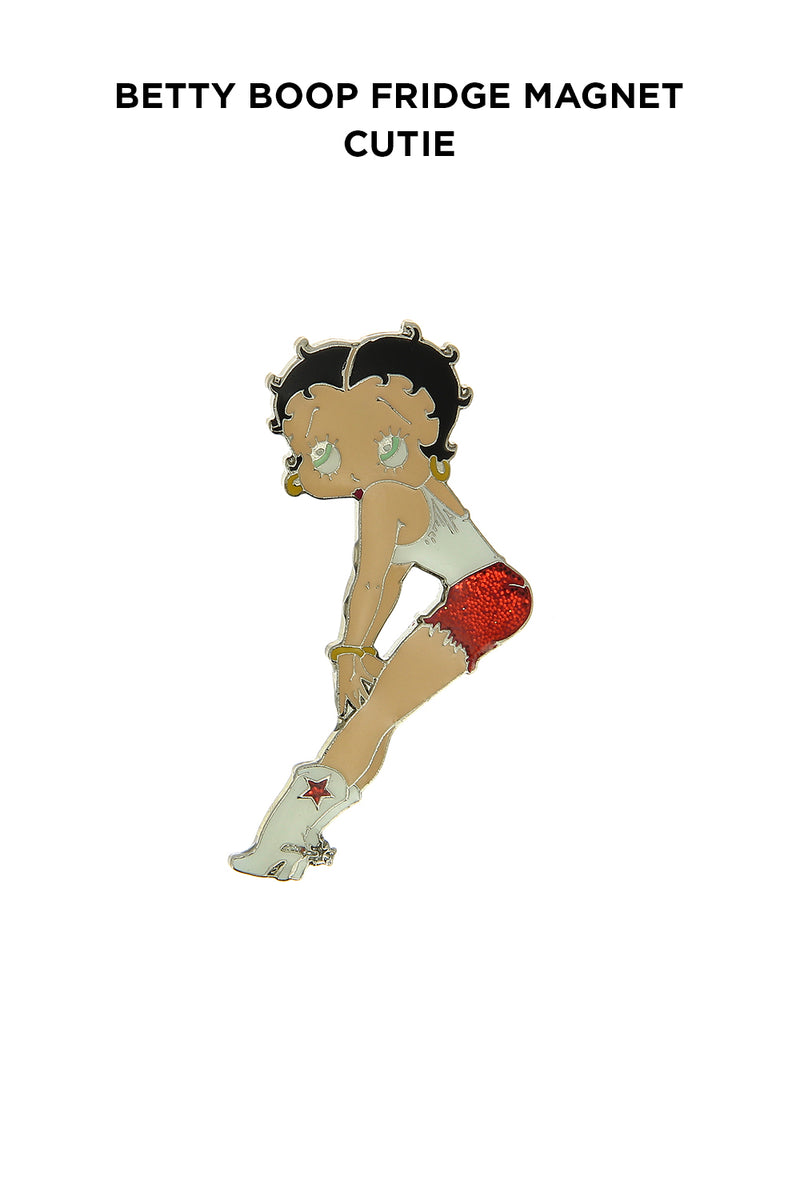 Betty Boop Fridge Magnet Cutie Betty is wearing a red shorts and a white tee and white boots and posing. This fridge magnet sticks easily to the fridge or any other magnetic surface where magnets can stick to. Exclusively Available at Reliance Gifts www.reliancegifts.co.uk 