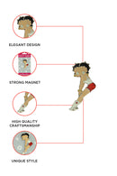 Betty Boop Fridge Magnet Cutie Betty is wearing a red shorts and a white tee and white boots and posing. This fridge magnet sticks easily to the fridge or any other magnetic surface where magnets can stick to. Exclusively Available at Reliance Gifts www.reliancegifts.co.uk 
