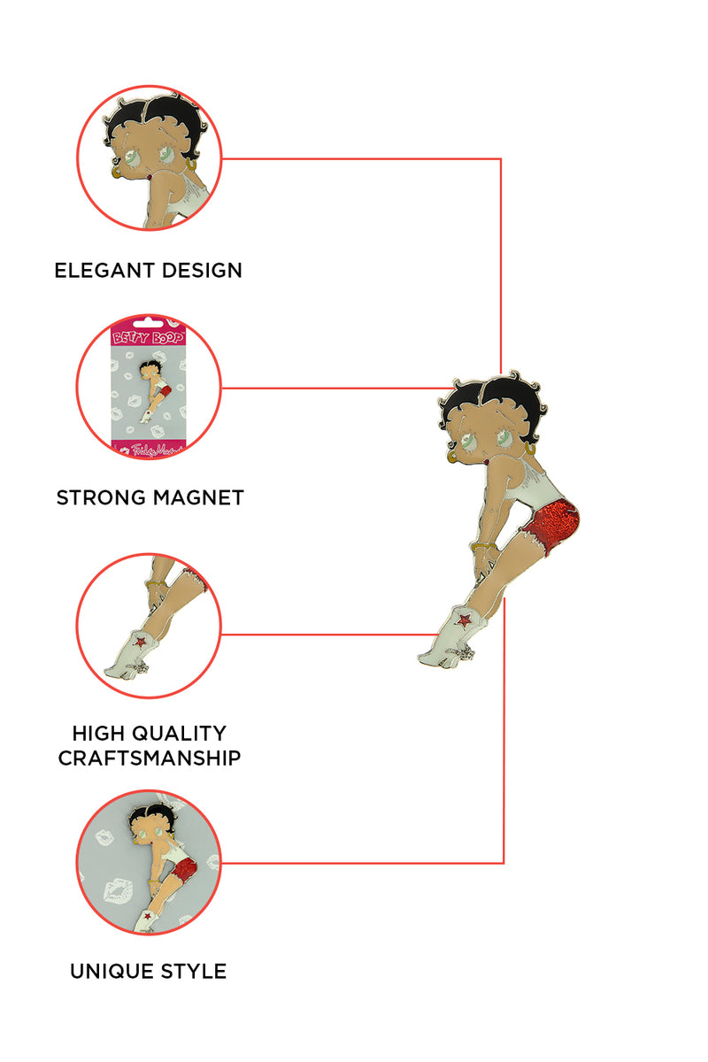 Betty Boop Fridge Magnet Cutie Betty is wearing a red shorts and a white tee and white boots and posing. This fridge magnet sticks easily to the fridge or any other magnetic surface where magnets can stick to. Exclusively Available at Reliance Gifts www.reliancegifts.co.uk 