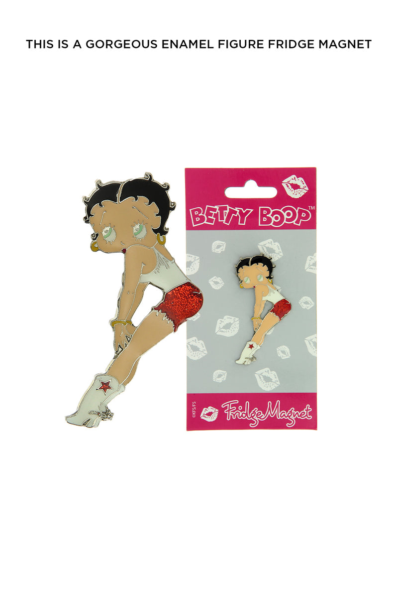Betty Boop Fridge Magnet Cutie Betty is wearing a red shorts and a white tee and white boots and posing. This fridge magnet sticks easily to the fridge or any other magnetic surface where magnets can stick to. Exclusively Available at Reliance Gifts www.reliancegifts.co.uk 