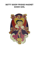 Betty Boop Fridge Magnet Show Girl Betty is wearing a bright pink dress and standing on a stool and posing with stars and heart shining behind her head.Betty Boop show Girl fridge magnet has a fine quality craftsmanship. Exclusively Available at Reliance Gifts www.reliancegifts.co.uk
