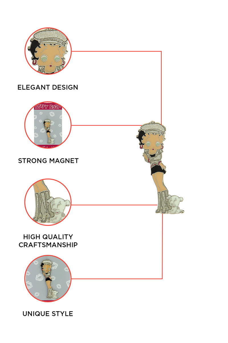 Betty Boop London Fridge Magnet Enamel Betty Is in black dress with silver boots, jacket and cap posing with her pet pudgy. The fridge magnet sticks easily to the fridge or any other magnetic surface where magnets can stick to. Exclusively Available at Reliance Gifts www.reliancegifts.co.uk