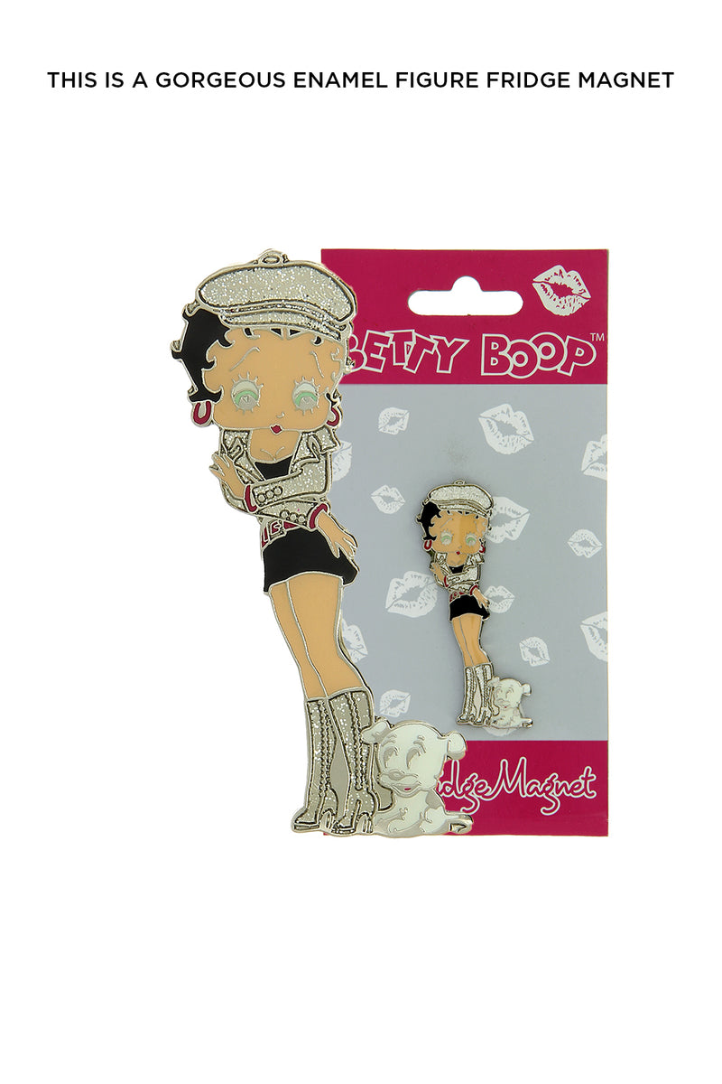 Betty Boop London Fridge Magnet Enamel Betty Is in black dress with silver boots, jacket and cap posing with her pet pudgy. The fridge magnet sticks easily to the fridge or any other magnetic surface where magnets can stick to. Exclusively Available at Reliance Gifts www.reliancegifts.co.uk