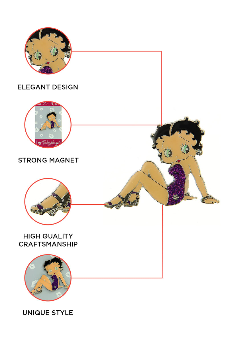 Betty Boop Fridge Magnet Swimsuit Betty is wearing a purple swimsuit and is in sitting pose. This is a gorgeous enamel figure fridge magnet from the popular Betty Boop Swimsuit range. It’s a beautiful gift idea for any Betty Boop fan. Exclusively Available at Reliance Gifts www.reliancegifts.co.uk