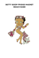 Betty Boop Fridge Magnet Beach Babe Betty is in a flowery beach wear in pink and white posing with her pet pudgy. This fridge magnet sticks easily to the fridge or any other magnetic surface where magnets can stick to. Exclusively Available at Reliance Gifts www.reliancegifts.co.uk