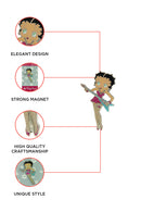 Betty Boop Fridge Magnet Rock Chick Betty is in a pink dress and posing with a guitar. This fridge magnet sticks easily to the fridge or any other magnetic surface.Betty Boop Rock Chic fridge magnet has a fine quality craftsmanship. Exclusively Available at Reliance Gifts www.reliancegifts.co.uk