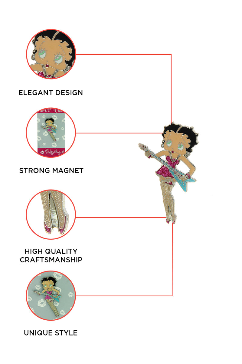 Betty Boop Fridge Magnet Rock Chick Betty is in a pink dress and posing with a guitar. This fridge magnet sticks easily to the fridge or any other magnetic surface.Betty Boop Rock Chic fridge magnet has a fine quality craftsmanship. Exclusively Available at Reliance Gifts www.reliancegifts.co.uk