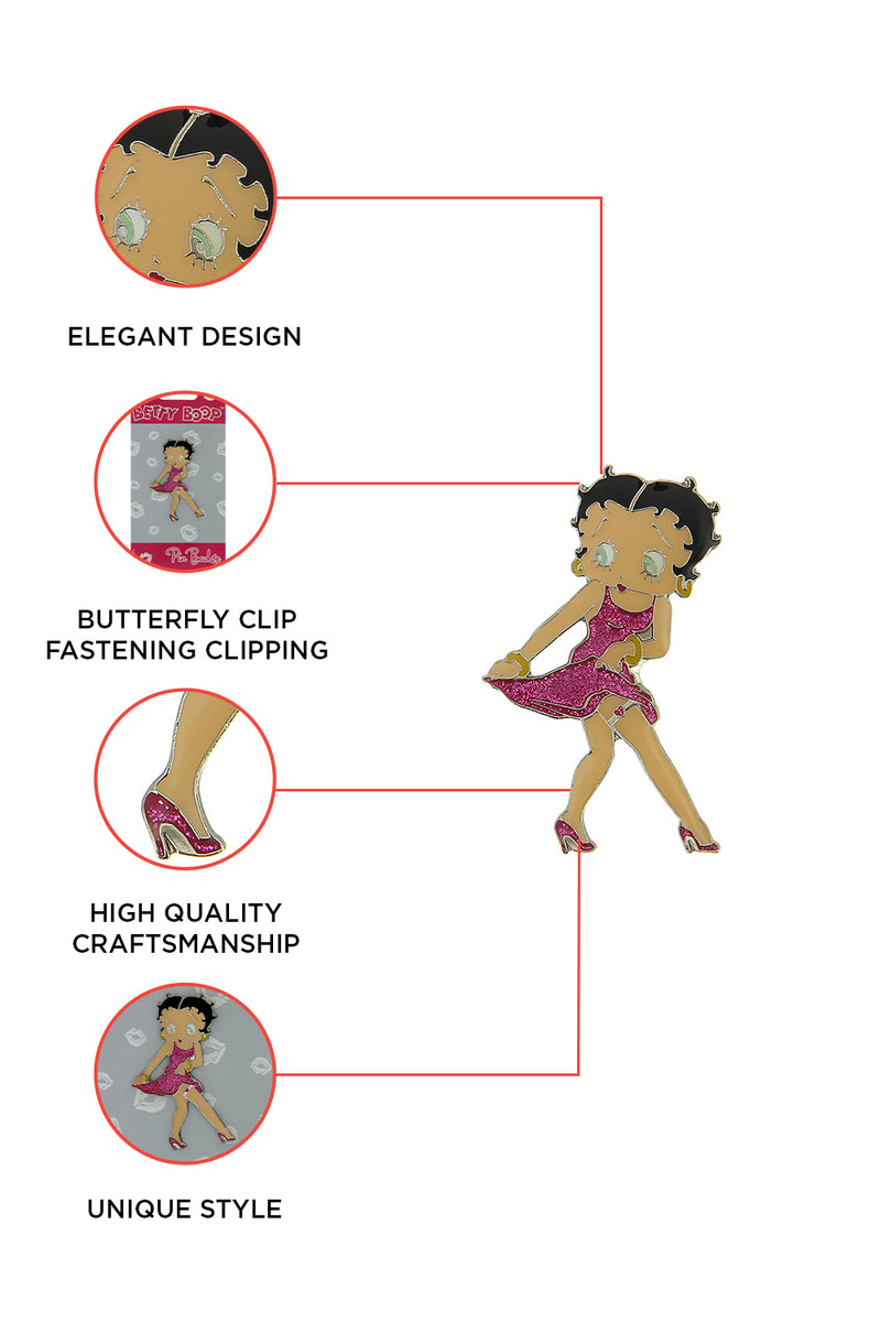 Betty Boop Lapel Pin - Flirt Betty is wearing a bright pink dress and shoes and posing.  This is a gorgeous enamel figure lapel pin badge from the popular Betty Boop Flirt range. The badge measures approximately 6.5cm (2.6”) at its longest point.  Exclusively Available at Reliance Gifts www.reliancegifts.co.uk