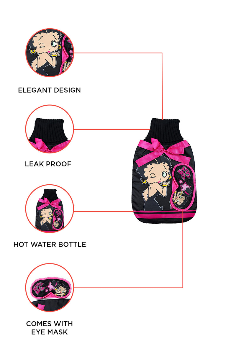 Show off your official Betty Boop cute Hot water bottle with the pretty cover and matching Betty Boop eye mask at your next pyjama party! A Betty Boop showgirl hot water bottle in black with pink ribbon detail.  Ribbed cotton end and satin style finish.  Exclusively Available at Reliance Gifts www.reliancegifts.co.uk