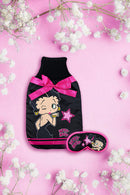 Show off your official Betty Boop cute Hot water bottle with the pretty cover and matching Betty Boop eye mask at your next pyjama party! A Betty Boop showgirl hot water bottle in black with pink ribbon detail.  Ribbed cotton end and satin style finish.  Exclusively Available at Reliance Gifts www.reliancegifts.co.uk