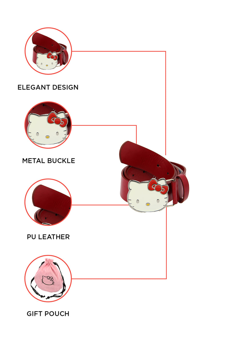 Hello Kitty PU Leather belt with White Enamel Metal Buckle - Red