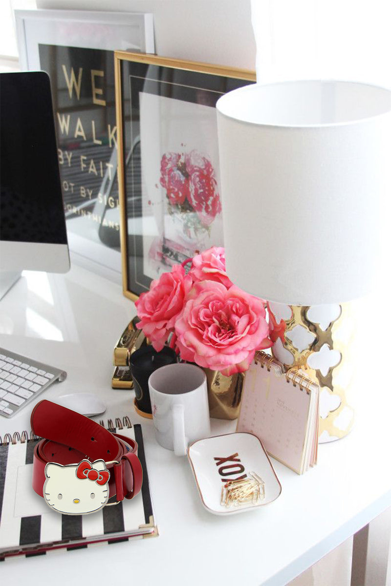 Hello Kitty PU Leather belt with White Enamel Metal Buckle - Red