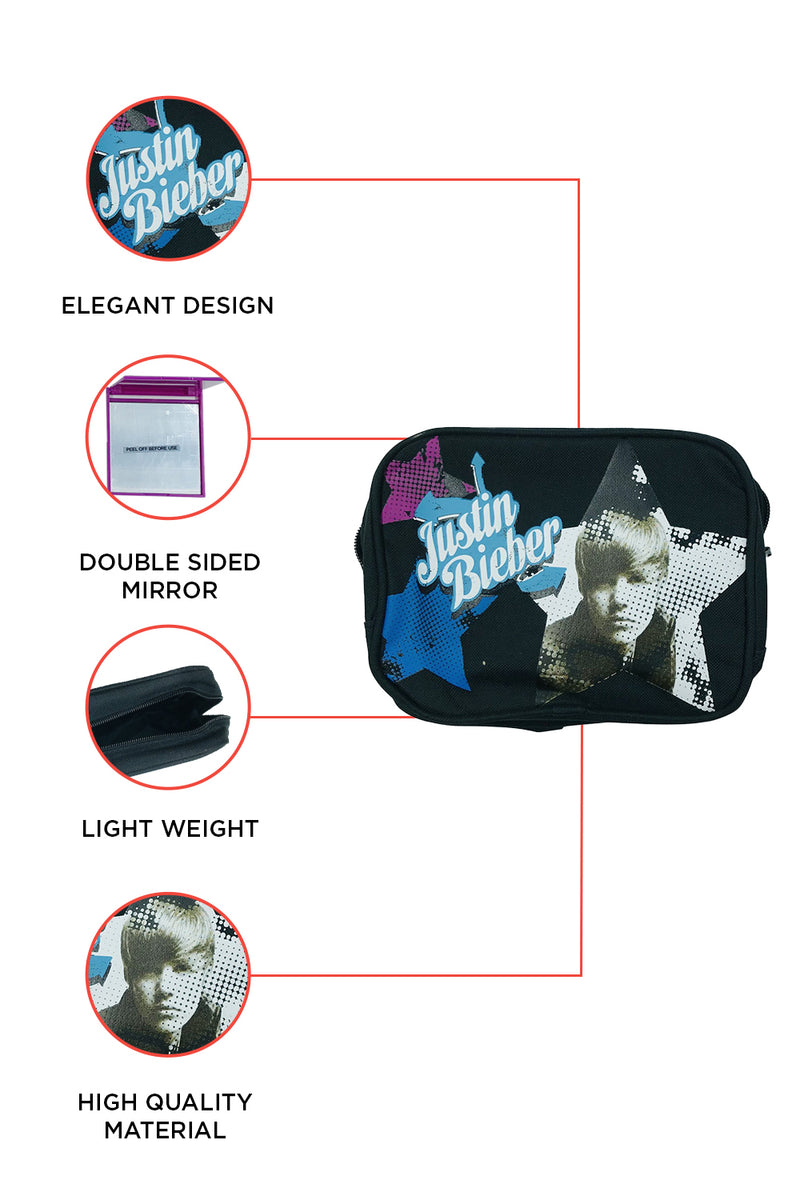 Justin Bieber Cosmetic Case Black With Zip And Compact Mirror Girls/Boys Gift Set