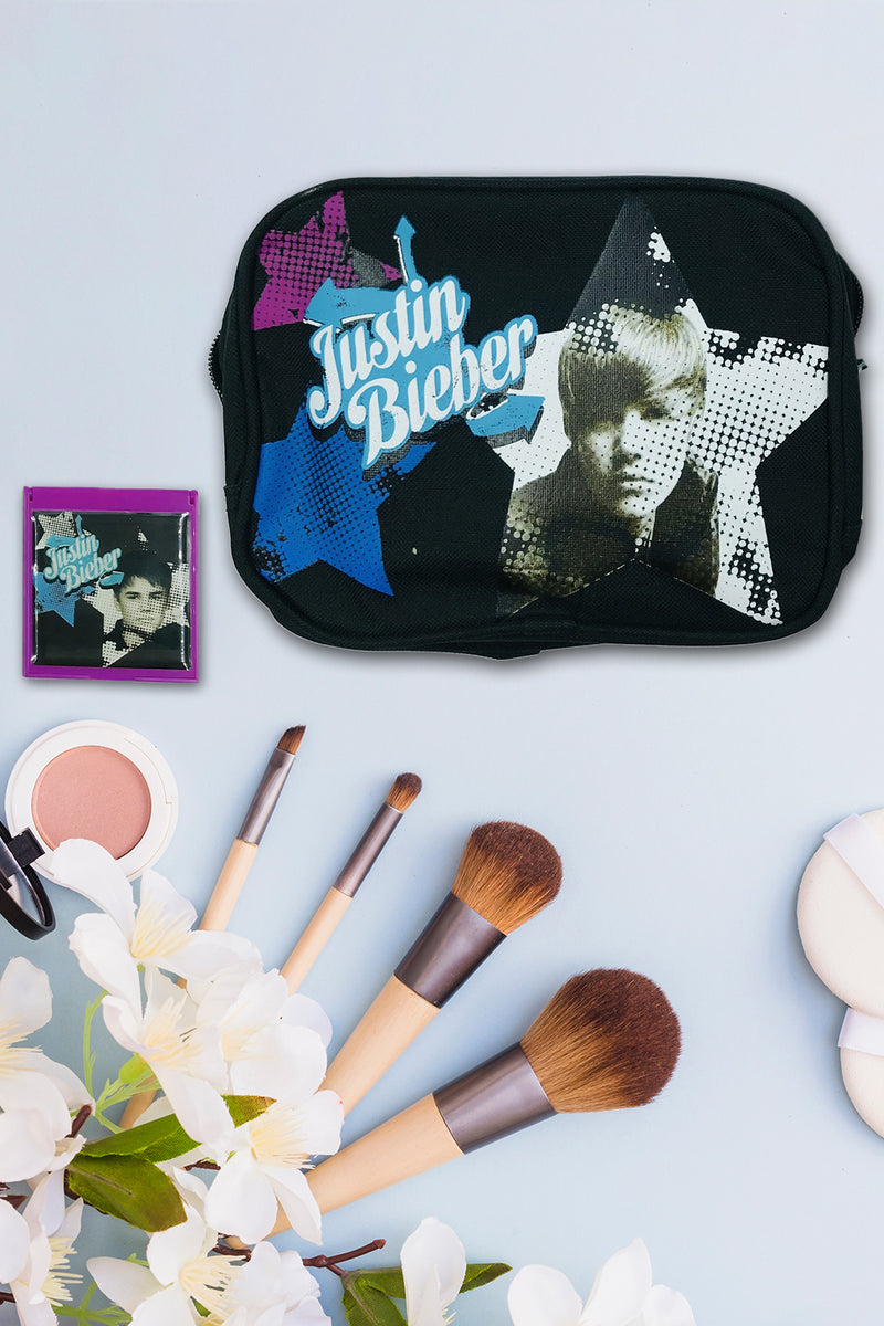 Justin Bieber Cosmetic Case Black With Zip And Compact Mirror Girls/Boys Gift Set