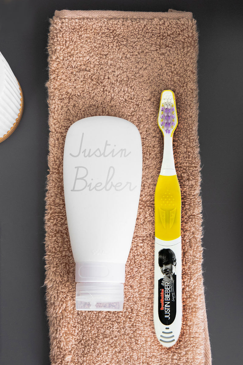 Justin Bieber singing toothbrush (Baby & U Smile) is designed in USA and looks great with a cute picture of Justin Bieber on the handle.2 buttons = 2 songs; one for brushing in the morning, one for night. Each song plays for the dentist-recommended two minutes. Batteries are included and replaceable.