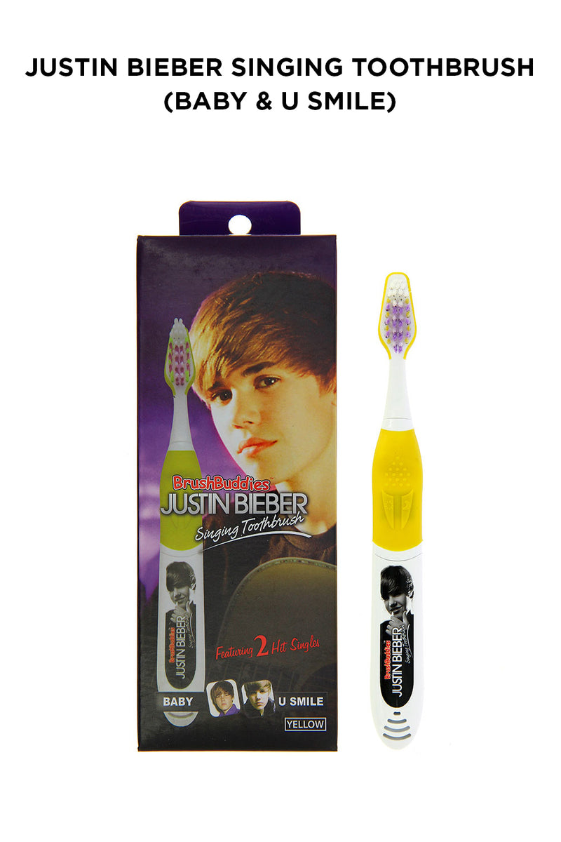 Justin Bieber singing toothbrush (Baby & U Smile) is designed in USA and looks great with a cute picture of Justin Bieber on the handle.2 buttons = 2 songs; one for brushing in the morning, one for night. Each song plays for the dentist-recommended two minutes. Batteries are included and replaceable.