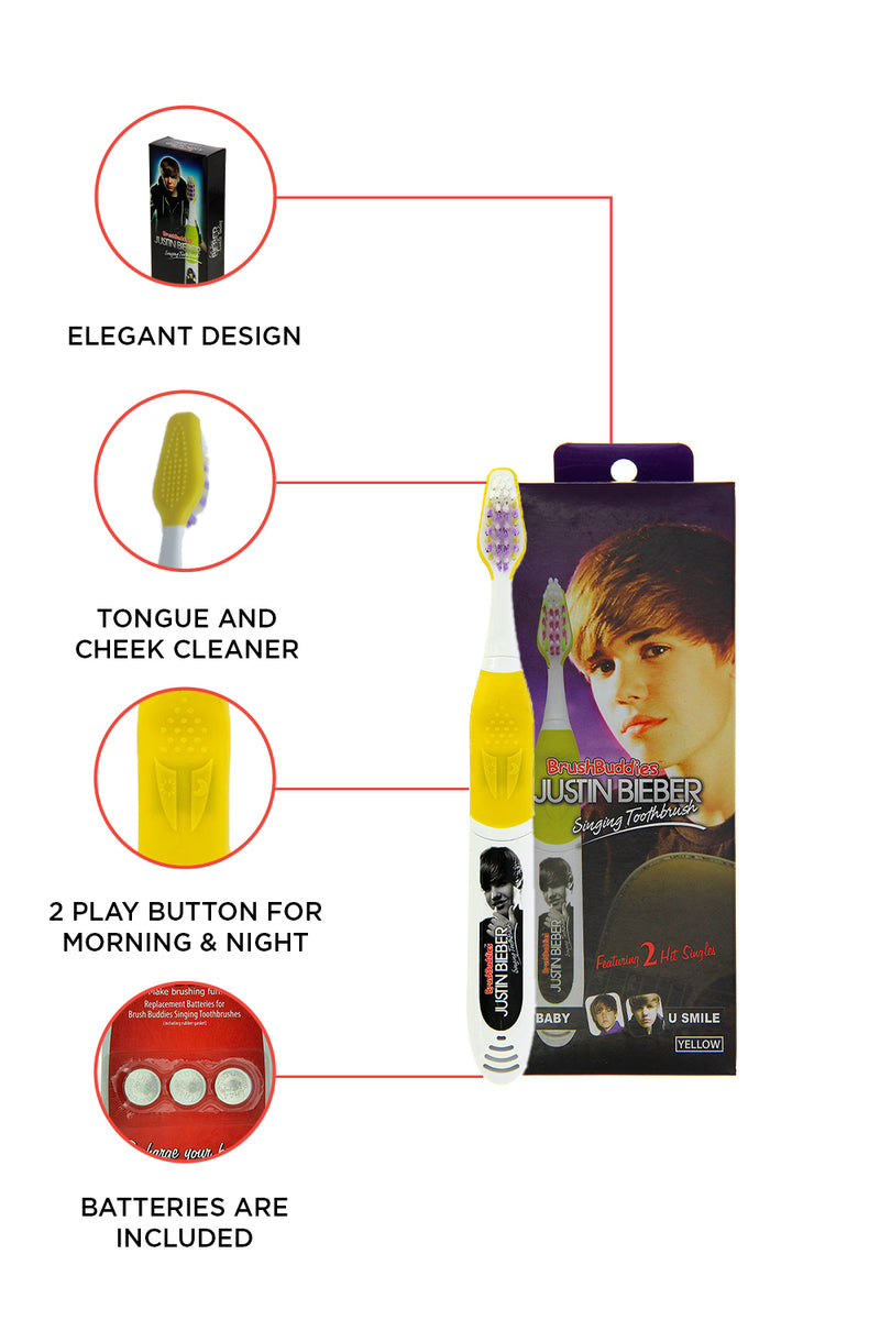 Justin Bieber singing toothbrush (Baby & U Smile) is designed in USA and looks great with a cute picture of Justin Bieber on the handle.2 buttons = 2 songs; one for brushing in the morning, one for night. Each song plays for the dentist-recommended two minutes. Batteries are included and replaceable.
