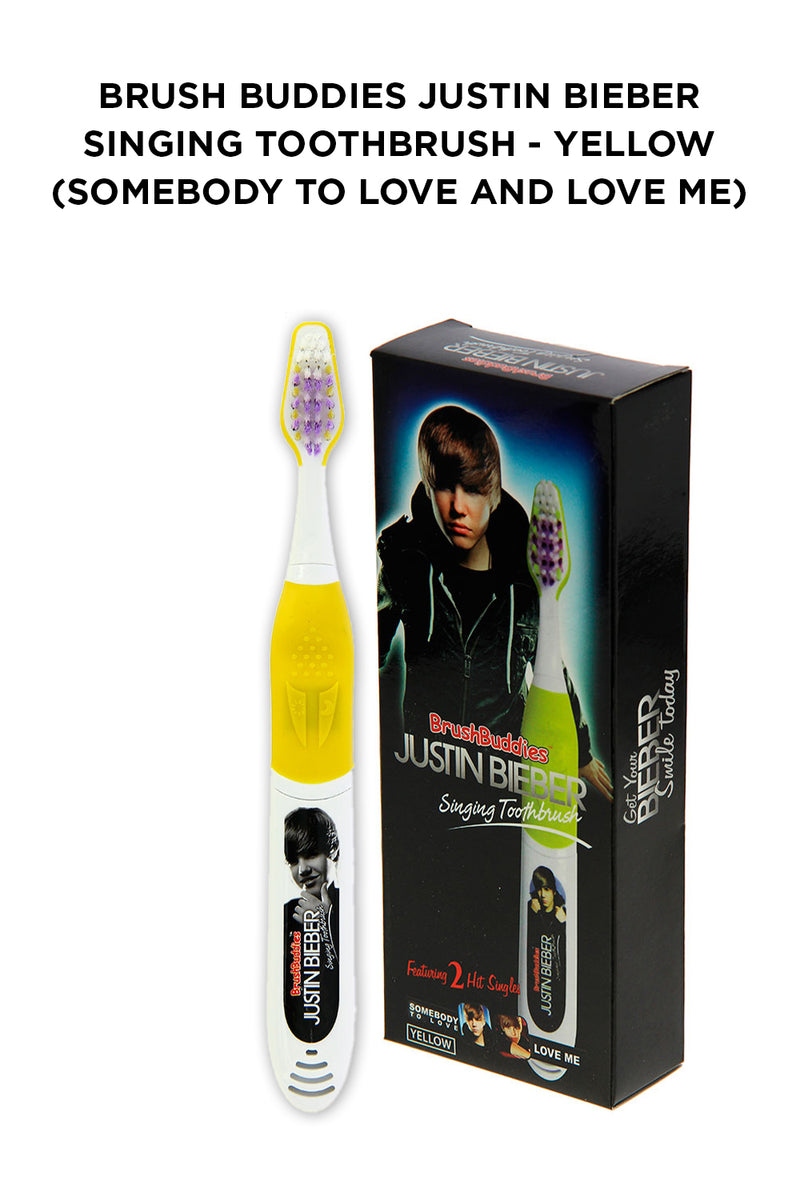 Justin Bieber Singing Toothbrush (Somebody to Love and Love me)-Yellow Justin Bieber Singing Toothbrush features the hits "Somebody to Love" and "Love me" by Justin Bieber. It’s available in 4 colours Red, Yellow, Purple and Blue colour perfect for both boys and girls.