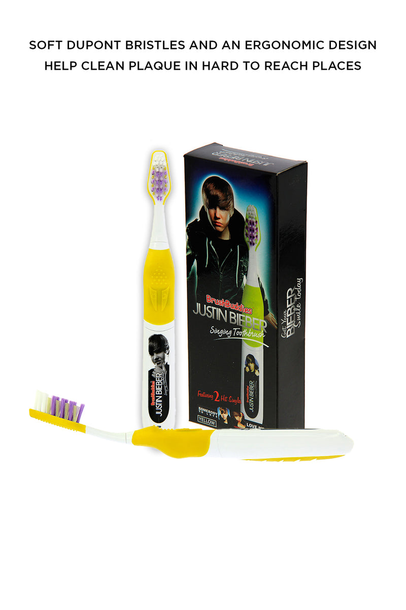 Justin Bieber Singing Toothbrush (Somebody to Love and Love me)-Yellow Justin Bieber Singing Toothbrush features the hits "Somebody to Love" and "Love me" by Justin Bieber. It’s available in 4 colours Red, Yellow, Purple and Blue colour perfect for both boys and girls.