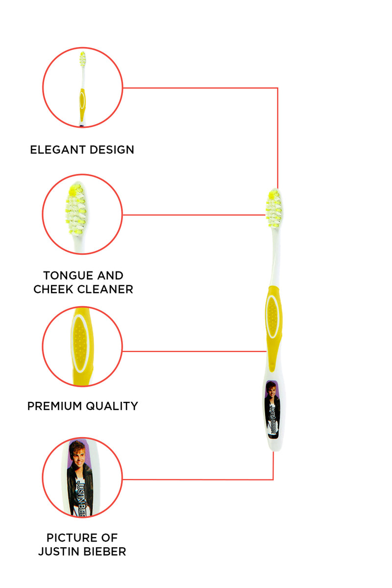 Justin Bieber Manual Toothbrush-Yellow Join the brushing revolution by getting your Justin Bieber toothbrush today. The unique stand-up design brush head will not touch the counter, keep hygiene and help children to clean their teeth more effectively. It will prevent tooth decay and oral problems.