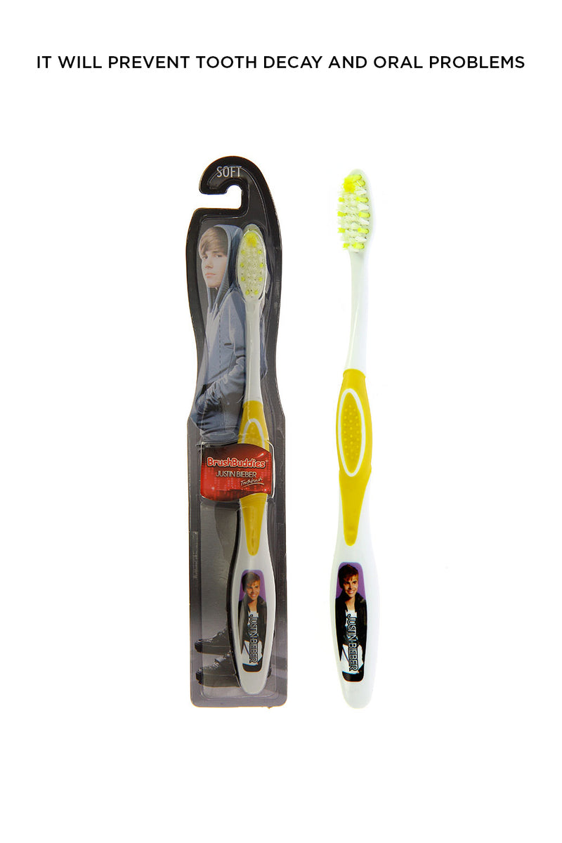 Justin Bieber Manual Toothbrush-Yellow Join the brushing revolution by getting your Justin Bieber toothbrush today. The unique stand-up design brush head will not touch the counter, keep hygiene and help children to clean their teeth more effectively. It will prevent tooth decay and oral problems.