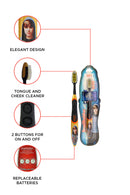 Justin Bieber Sonic Toothbrush. It is battery-operated, powering more than 30,000 brush strokes per minute. The bristles are designed for junior or adult teeth. Soft Dupont bristles and an ergonomic design help clean plaque.Easily Replaceable Brush Head and includes a tongue and cheek cleaner.