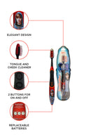 Justin Bieber Sonic Toothbrush -Red looks great with a cute picture of Justin Bieber on the handle looking back at you. Easily Replaceable Brush Head includes a tongue and cheek cleaner. 2 buttons = on and off on the brush handle. It has a replaceable AAA battery is included and easy to replace.