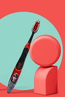 Justin Bieber Sonic Toothbrush -Red looks great with a cute picture of Justin Bieber on the handle looking back at you. Easily Replaceable Brush Head includes a tongue and cheek cleaner. 2 buttons = on and off on the brush handle. It has a replaceable AAA battery is included and easy to replace.