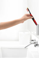 Justin Bieber Sonic Toothbrush -Red looks great with a cute picture of Justin Bieber on the handle looking back at you. Easily Replaceable Brush Head includes a tongue and cheek cleaner. 2 buttons = on and off on the brush handle. It has a replaceable AAA battery is included and easy to replace.