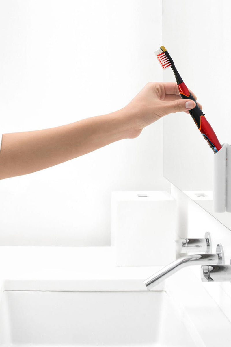 Justin Bieber Sonic Toothbrush -Red looks great with a cute picture of Justin Bieber on the handle looking back at you. Easily Replaceable Brush Head includes a tongue and cheek cleaner. 2 buttons = on and off on the brush handle. It has a replaceable AAA battery is included and easy to replace.